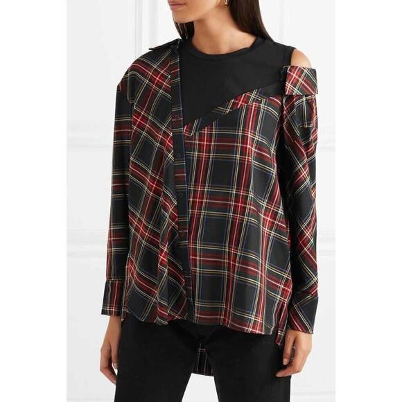 Maje Plaid Shirt Medium 2 Red Checked Relaxed Deconstructed Asymmetrical Tartan - Picture 1 of 16